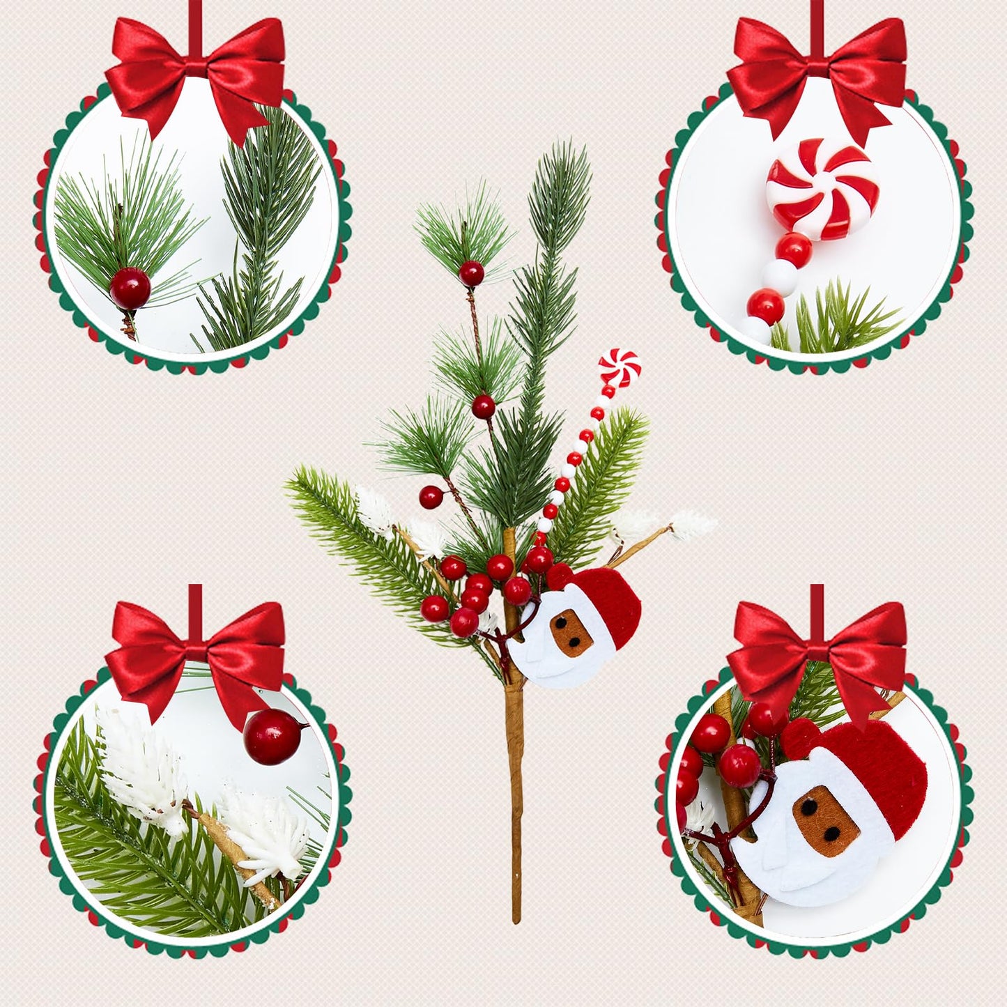 Egolot 8 PCS 17 Inch Christmas Candy Cane Picks for Christmas Tree Wreath DIY, Xmas Green Pine Picks with Red Berries Balls and Candy for Indoor Outdoor, Xmas Picks Bundle for Centerpieces