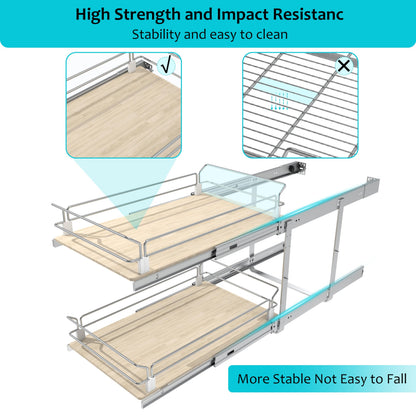 2 Tier Pull Out Cabinet Organizer 15" W X 22" D, Slide Out Drawers For Kitchen Cabinets, Pull Out Drawers For Cabinets Capacity Heavy Duty Caddy, Cabinet Pullout Shelves Wood Chrome, Pantry Storage