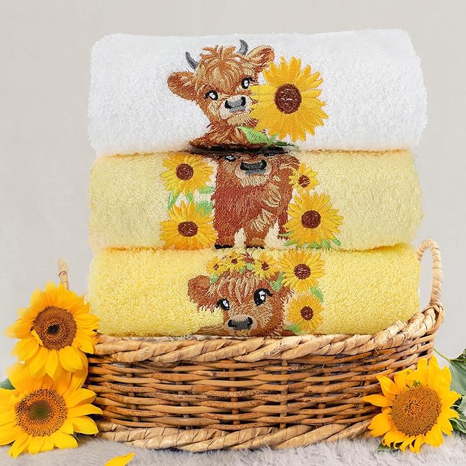 3 Pcs Sunflower Highland Cow Hand Towels Embroidered Highland Cow Farmhouse