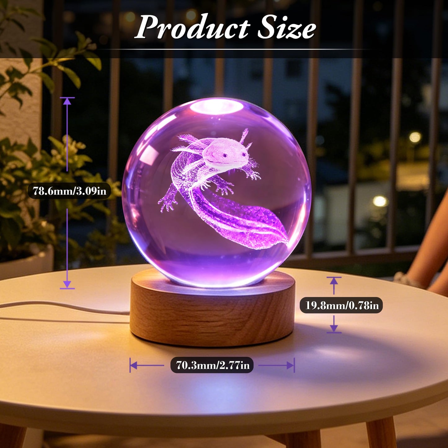 Ddlisu Axolotl Night Light, 3.15 inch 3D K9 Crystal Ball Lamp, 16 Colors Change, Wooden Base, Axolotl Lamp with Remote Control, Birthday Holiday Gifts for Boys Girls Friends
