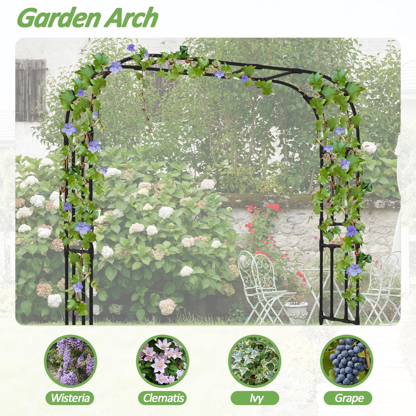 Trellume Thickened Metal Garden Arch-98.4"(L)*94.5"(H),Garden Arch Trellis for Climbing Plants Outdoor, Heavy Duty Rust-Proof Iron Arbor Archway for Backyard, Patio, Lawn and Wedding Decorations