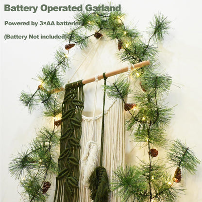 Pre-lit Christmas Garland with Lights 9.84 FT Smokey Pine Garlands 40 LED Fairy Lights Battery Operated with Timer Pine Cones Artificial Greenery Garland Wreath for Christmas Home Mantle Stairs Decor