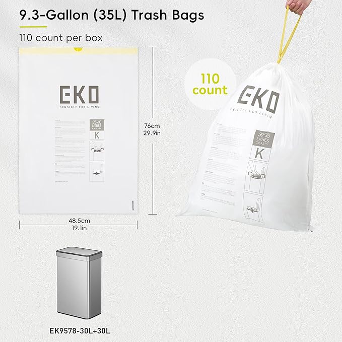 EKO 9.3 Gallon / 30–35 Liter Drawstring Trash Bags, Extra-Strong Leak-Resistant