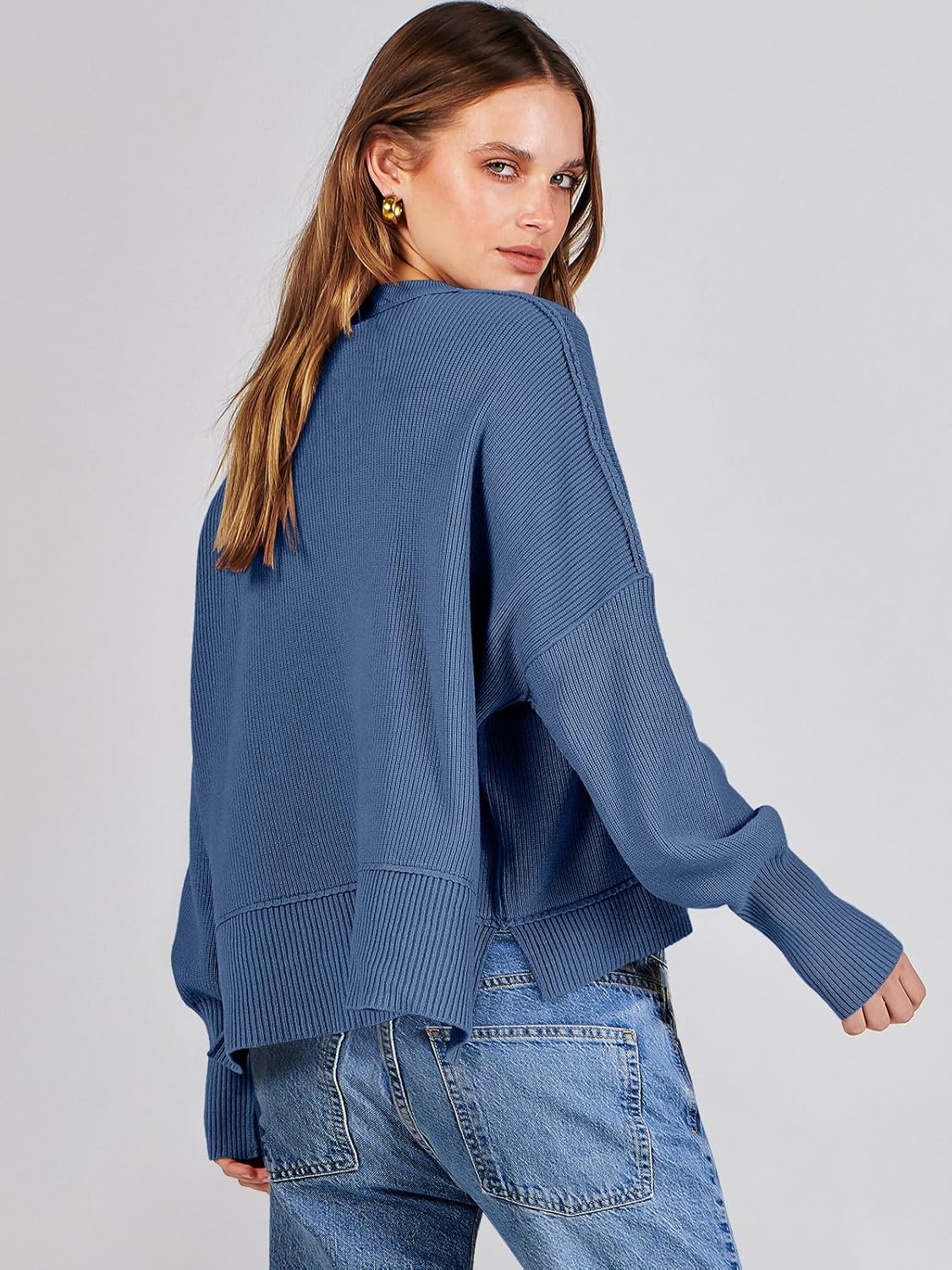 ANRABESS Womens Cropped Sweaters Oversized Crewneck Long Batwing Sleeve Side Slit Ribbed Knit Pullover Tops 2025 Fall Clothes