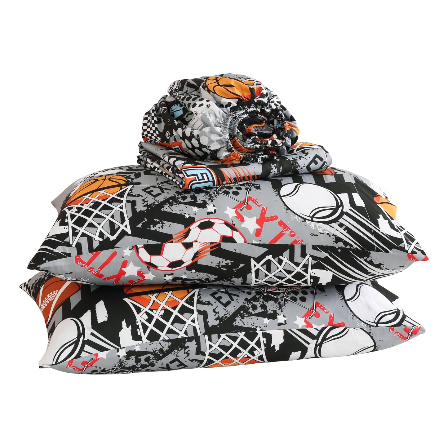 Yibeizi Grey Sports Sheet Set for Boys Twin, Kids Football Basketball Baseball Print Bedsheets Microfiber Deep Pocket Cute Patterned Bed Sheet & Pillowcase Sets 3 Pieces