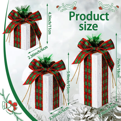 Amyhill 3 Pcs Christmas Wooden Gifts Box Decor Christmas Plaid Presents Table Centerpieces Rustic Wooden Gifts Tiered Tray Decor with Buffalo Plaid Bowknot for Xmas Party(White,Retro)