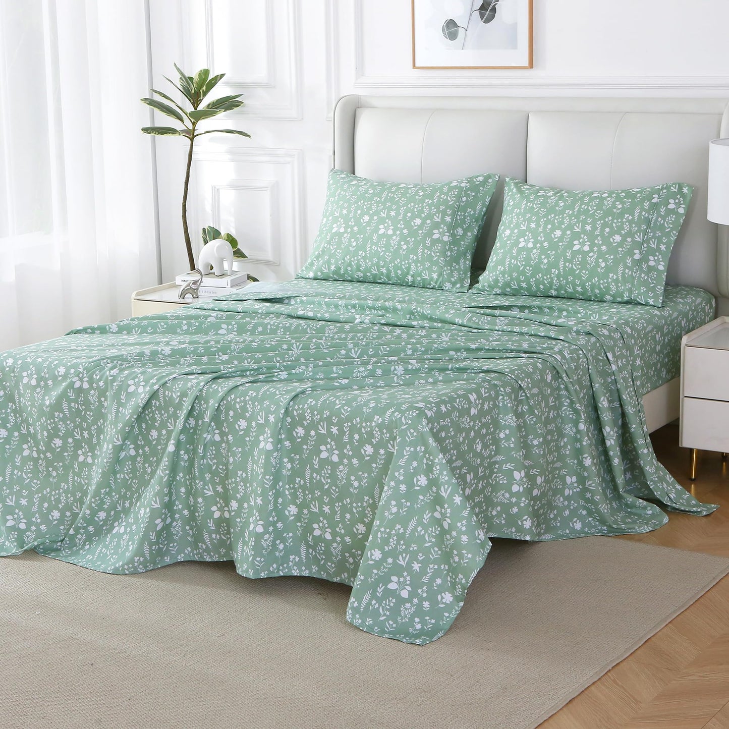 Viviland Sage Green Queen Sheet Set - 4 Piece Vintage Green Flower Patterned Bed Sheets - Soft, Breathable Microfiber Floral Sheets with Deep Pocket, Non-Slip Fitted Sheets & Pillowcases