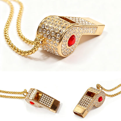 PCTC Shining Whistle,Crystal-Encrusted Metal Whistle with Decorative Chain Great for Referees, Coaches Party and Gift Accessory[Gold Exterior] (Red)