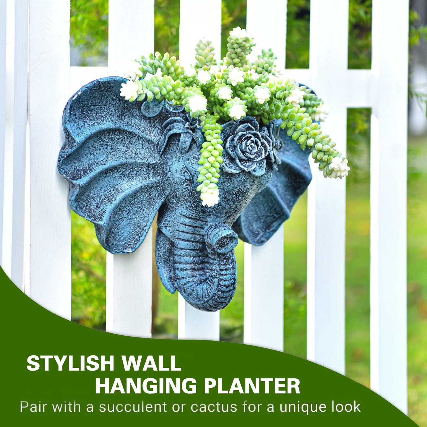 Sungmor Resin Elephant Head Wall Pot, Unique Bohemian Style Animal Face Planter, Vertical Hanging Plant Pot, Pretty Decorative Flower Pot for Indoor Outdoor Plants, for Gardening Lovers