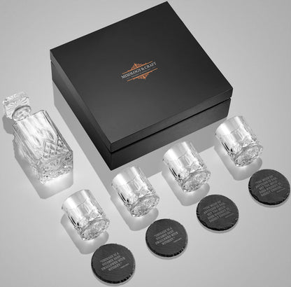 Mixology & Craft Luxury Whiskey Decanter Gift Set - 25oz Crystal Decanter, 4 Old-Fashioned Glasses, 4 Slate Coasters with Diamond Pattern Premium Black Gift Box