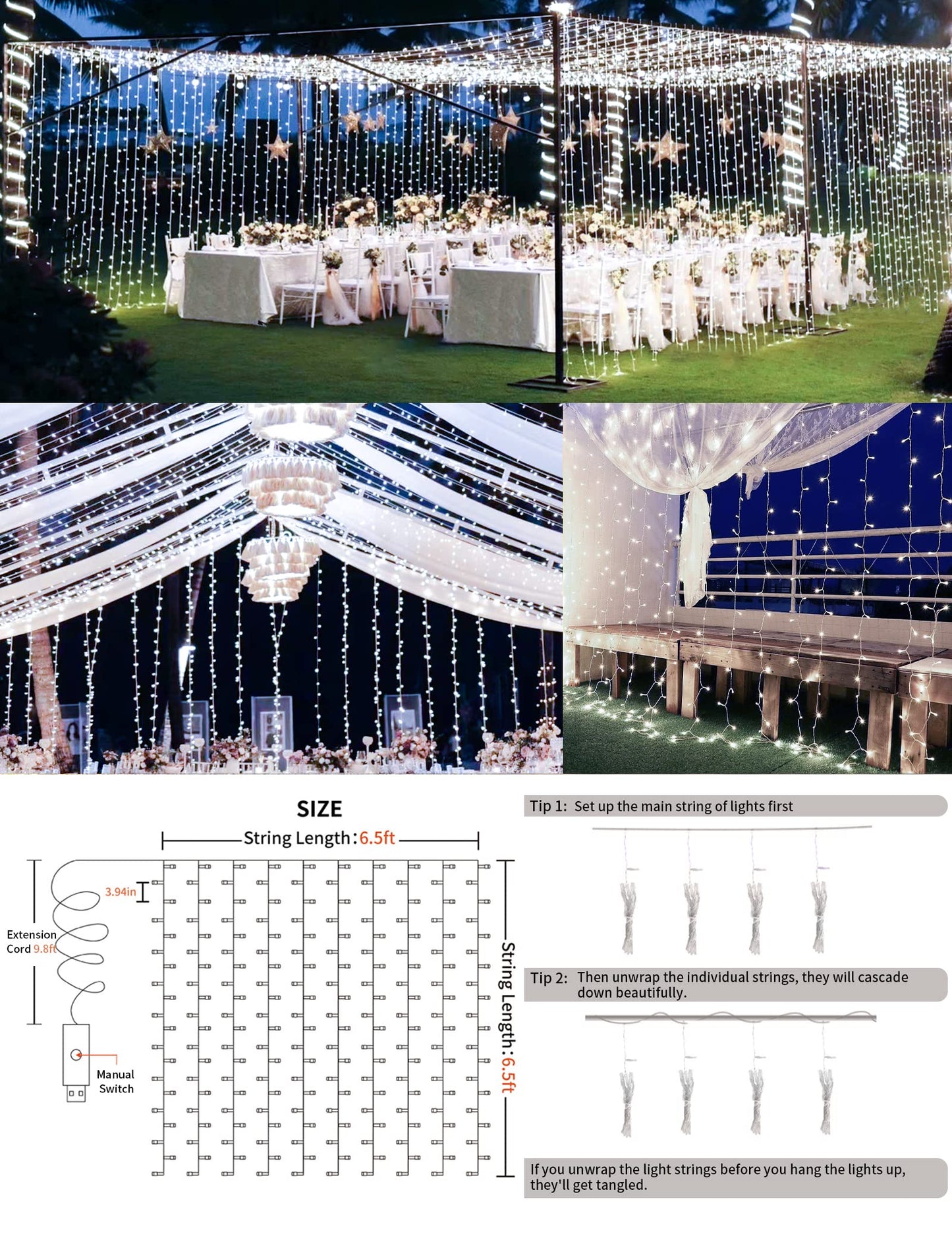 suddus White Curtain Lights for Bedroom Wall, 200 Led Twinkle Lights with Remote 8 Modes Timer, USB Plug-in String Lights for Wedding, Party, Backdrop, Birthday, Window Decorations, (6.5ft*6.5ft)