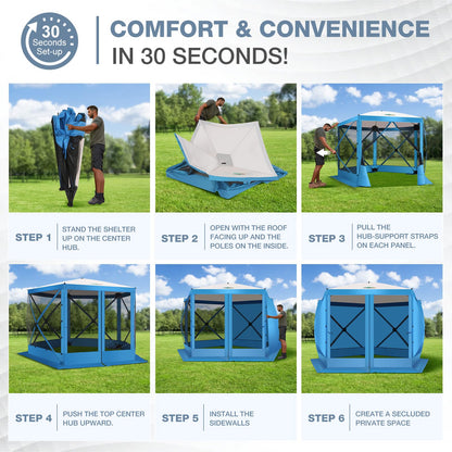 COBIZI 10x10 Pop Up Gazebo Screen Tent Screen House for Camping, Screen Room with Mosquito Netting, Hub Tent Instant Screened Canopy with Carrying Bag and Ground Stakes, Blue