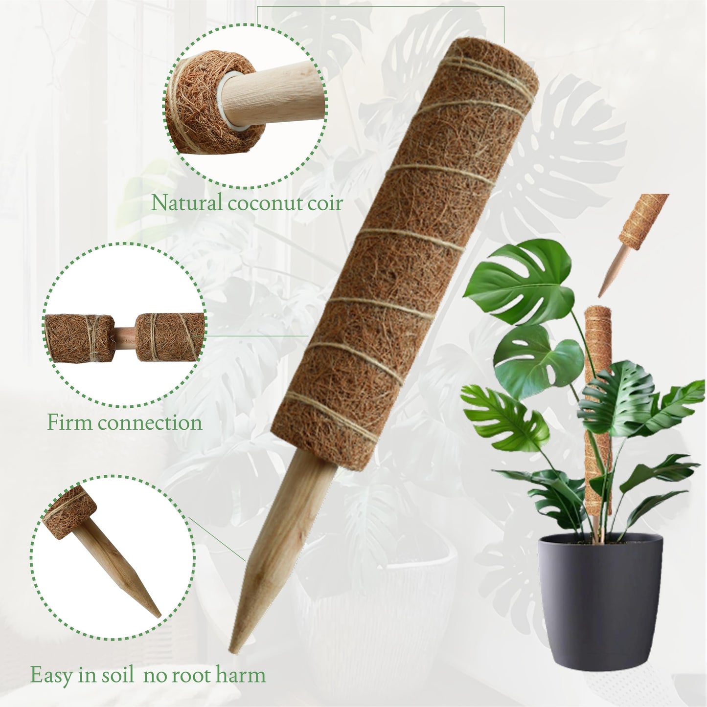 Moss Pole for Plants 4 Pack Natural Coco Coir Climbing Support Stakes with Plant Ties Indoor Monstera Plant Training Extension Poles 7.9inch Each Total 31.6 inch