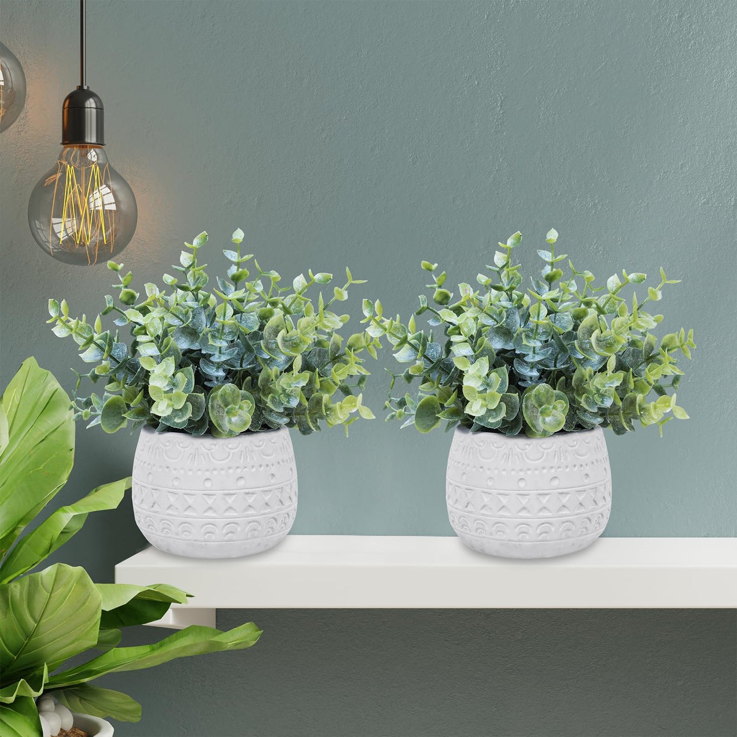 Winlyn Set of 2 Small Artificial Potted Plants Faux Eucalyptus Plant in White Geometric Ceramic Pots Small Desk Potted Plants 7.1" Tall for Home Office Room Decorations Wedding Greenery Centerpiece