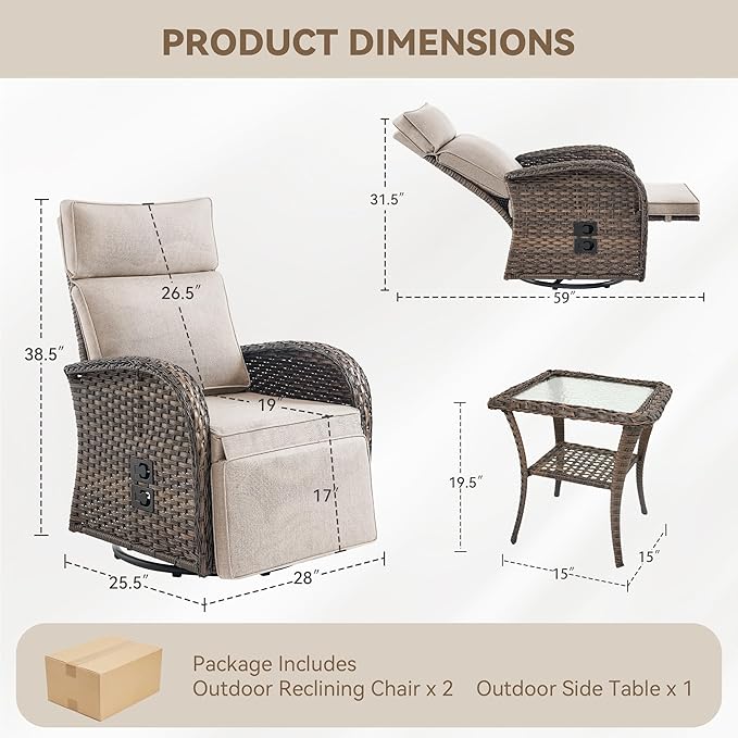 3 Pieces Zero Gravity Patio Swivel Rocking Recliner Chairs Set of 2 - Wicker Outdoor Lounge Chair with Side Table, Adjustable Backrest & Footrest, High Back Outdoor Recliner Chair for Pool Deck Beige