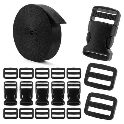 UQW Buckles and Straps Combo Set,10 Yards Nylon Webbing 1 Inch Wide with 6 Dual Adjustable Side Release Plastic Buckles, 12 Pcs Tri-Glide Slider Clips (1" Set Black)
