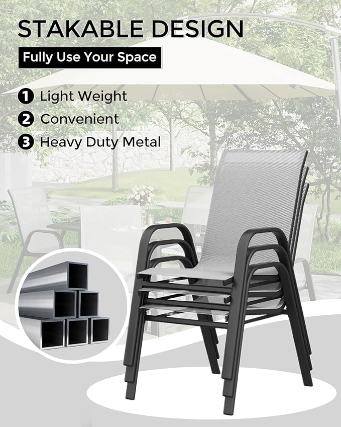 Outdoor Stackable Dining Chairs Set of 4, High-Back Patio Stacking Chairs, Patio Chairs with Textilene Farbic & Metal Frame for Lawn Backyard Deck Garden,Grey