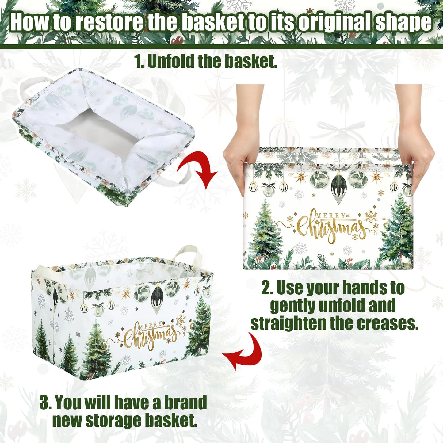 Threehoney 3Pcs Large Merry Christmas Tree Gift Storage Baskets Xmas Ball Collapsible Storage Bin Empty Candy Decor Canvas Laundry Basket Foldable Box with Handle for Home Office(Green,Classic Style)