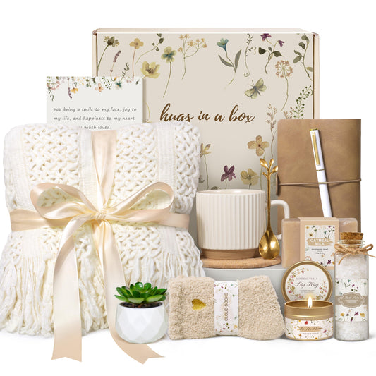 Birthday Gifts for Women, Get Well Soon Self Care Package Box, Sending Hug Baskets Thinking of You Inspirational Gift for New Mom Best Friend Birthday (Ivory)