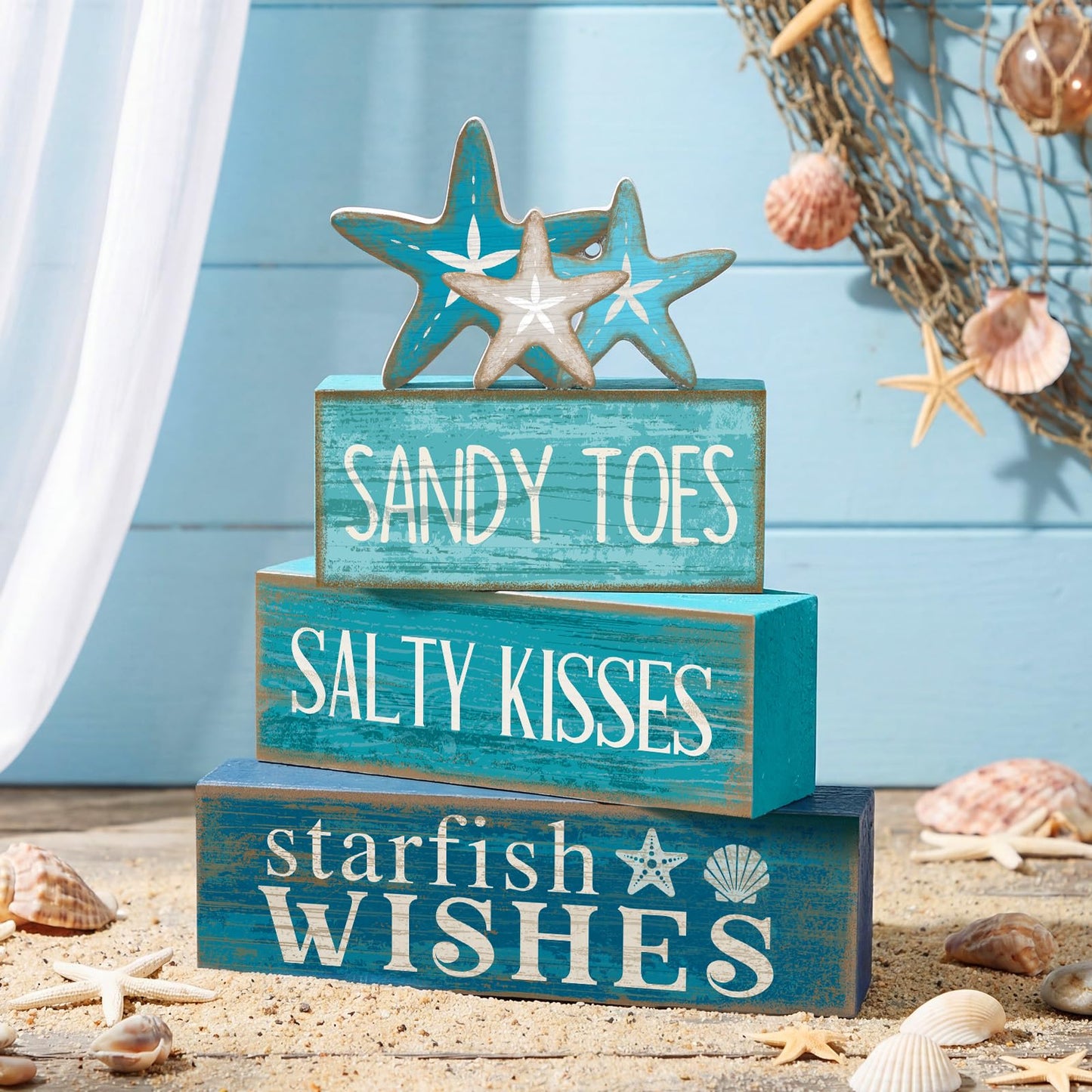 Yuntau 4 Pcs Summer Table Decorations Beach Tiered Tray Decor Starfish Coastal Rustic Wooden Block Sign Stacked Book Nautical Table Centerpiece for Farmhouse Home Living Room Office Desk Shelf Mantel