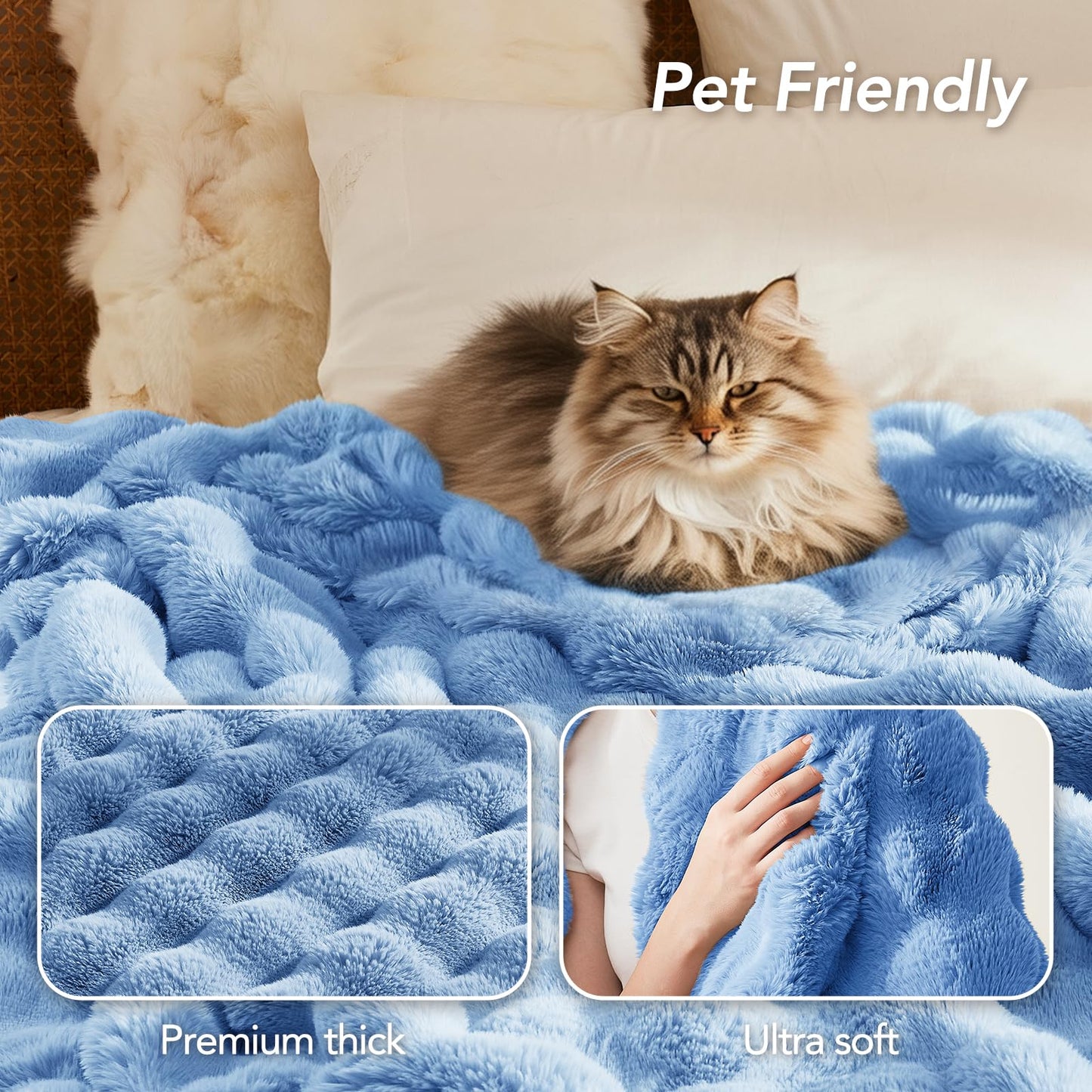 L'AGRATY Faux Fur Throw Blanket: 50" x 60" Luxury Soft Fluffy Rabbit Fur Blankets Twin for Couch Bed Sofa - Cozy Plush Bubble Blankets for Winter: Flannel Fleece Decorative Blanket(Airy Blue)