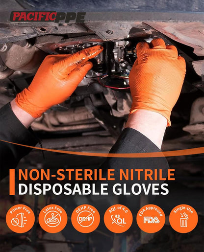 PACIFIC 8-mil Orange Nitrile Disposable Gloves, Heavy-Duty, Industrial, Mechanic, Diamond Textured, Latex & Powder Free, EN 374, Medium