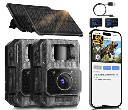 MAXDONE Solar Trail Camera WiFi Bluetooth 2 Pack - 4K 64MP Game Camera with Night Vision Motion Activated, Deer Camera with Built-in Battery Rechargeable Power, Trail Cam Wildlife Cameras IP66