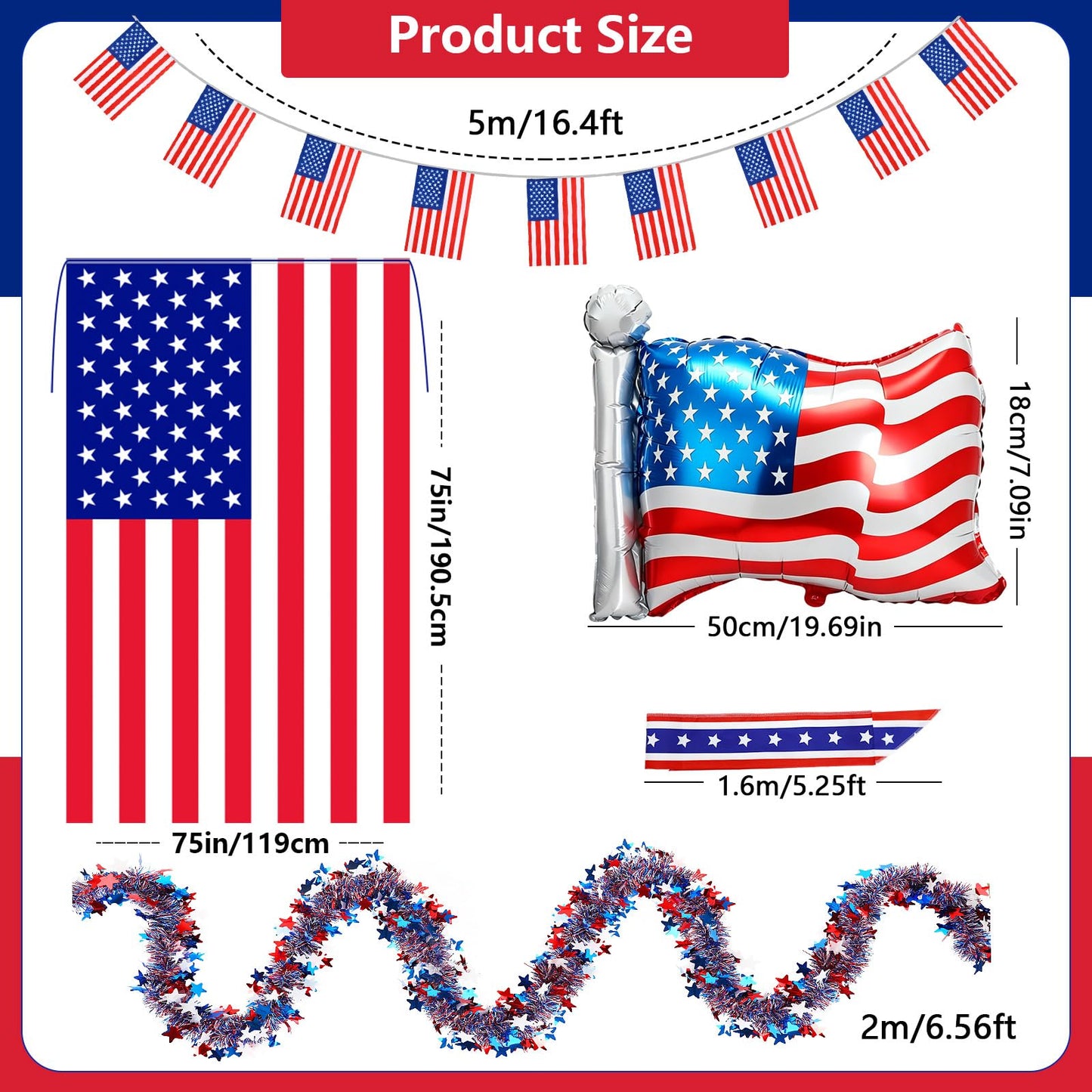 DECYOOL 4th of July 12ft Skeleton Cloth Set USA Flag Costume Patriotic Skeleton Outfits Accessories Cape Headband Balloon Scarf Flag Banner for Garden Lawn Patio Independence Day Decor