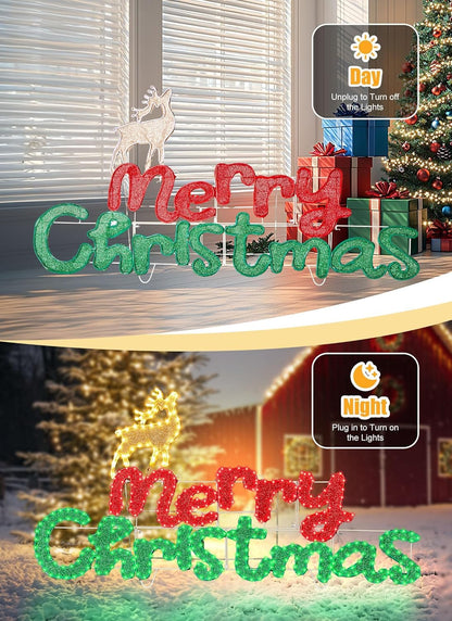 Brightown 4.9FT Merry Christmas Sign Decoration Outdoor, Lighted Merry Christmas Sign with Reindeer, Xmas Neon Lighted Sign for Outside Indoor Front Door Window Wall Hanging Lighted Holiday Displays