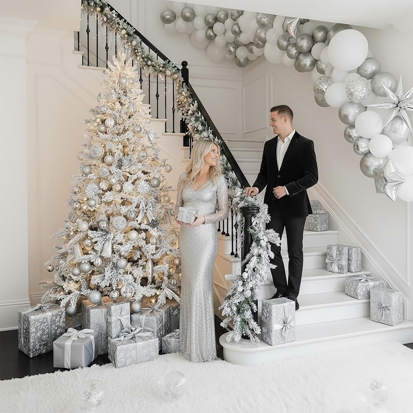 White Winter party decorations with Pearl White Silver Balloon Garland Arch & foil Star printed balloons Artificial Snowflakes for winter wonderland 1st birthday Christmas new year party decorations