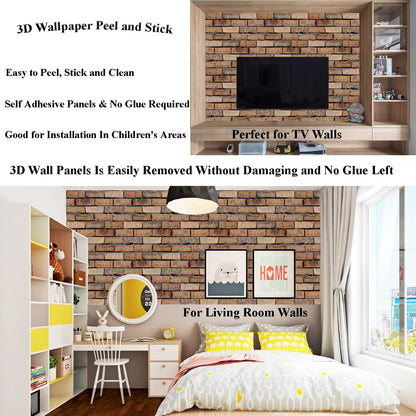 Veczom 3D Brick Wall Panels Peel and Stick,10 Pack Self-Adhesive PVC Wall Tiles, Waterproof Textured Decor for Living Room, Kitchen, Bedroom, Office Accent (4Lines Seamless Brown Stone)
