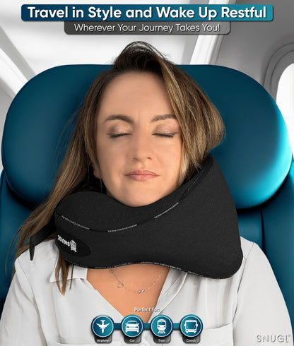 SNUGL Travel Pillow – Memory Foam Pillows - Neck Pillow for Airplane with Carry Bag & Clip – Neck Support Pillows for Pain Relief - Airplane Travel Essentials (Adult Regular - Black)