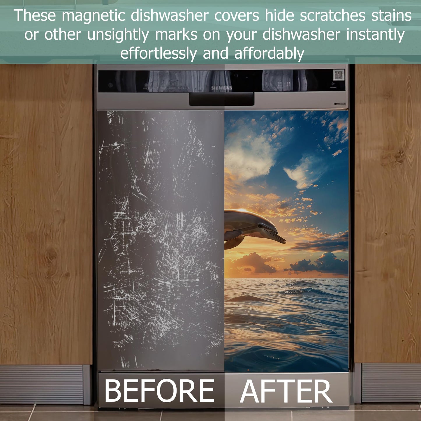 Jumping Dolphins Refrigerator Magnet Cover,Ocean Sunset Washable Dishwasher Magnets Decorative Cover,Home Kitchen Decorative Dishwasher Front Panel Cover 23x26 Inch
