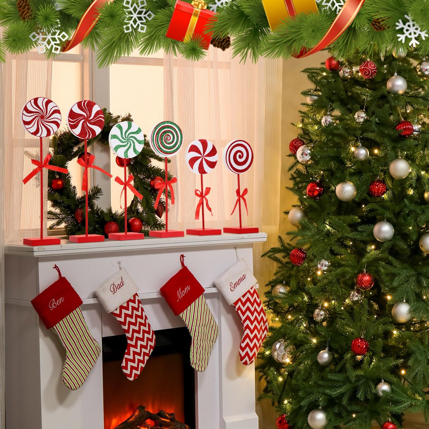 Amyhill 8 Pcs Christmas Candy Wooden Tabletop Decor Glitter Xmas Candy Cane Table Centerpiece Sign for Christmas Tiered Tray Home Desk Office Party Decoration(Cute,Red,Green)