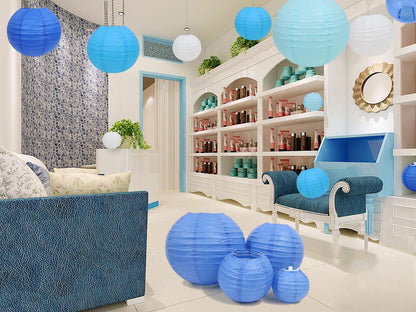 LURICO 16 Pcs Blue/White Paper Lanterns (Size of 4”, 6”, 8”, 10”) - Chinese/Japanese Paper Hanging Decorations Ball Lanterns Lamps for Home Decor, Parties, and Weddings