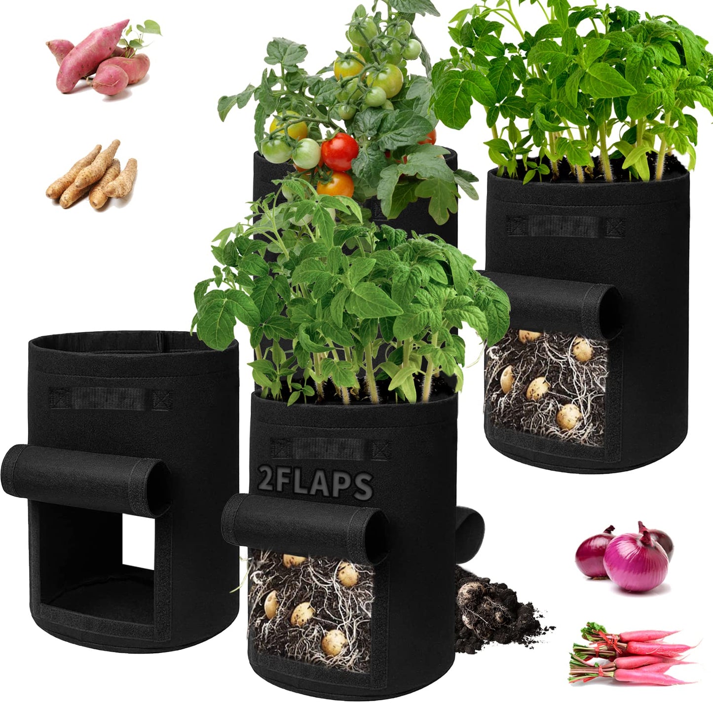 SORANGEUN 4-Pack 15-Gallon Grow Bags with 2 Flaps and Reinforced Handles,Non-Woven Potato Grow Bags, Heavy-Duty Thickened Aeration Fabric Pots for Potatoes, Tomatoes, Flowers, and Vegetables