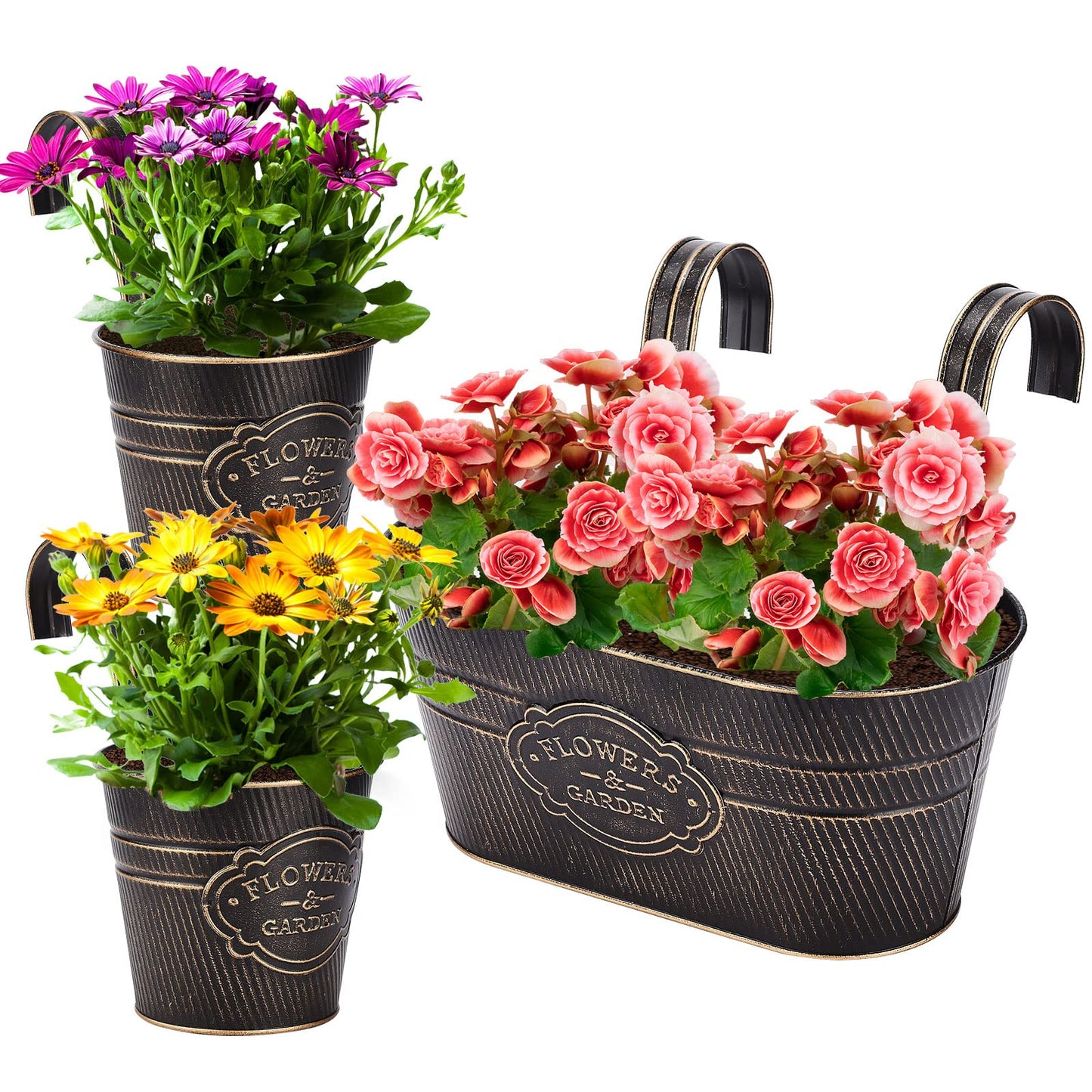 PerGar 3 Pack Metal Railing Planter Box Outdoor, 10.6" Hanging Flower Pots with Detachable Hooks & Drainage Holes, Rail Planter Boxes for Balcony Deck Porch Fence Garden Home Decoration, Black
