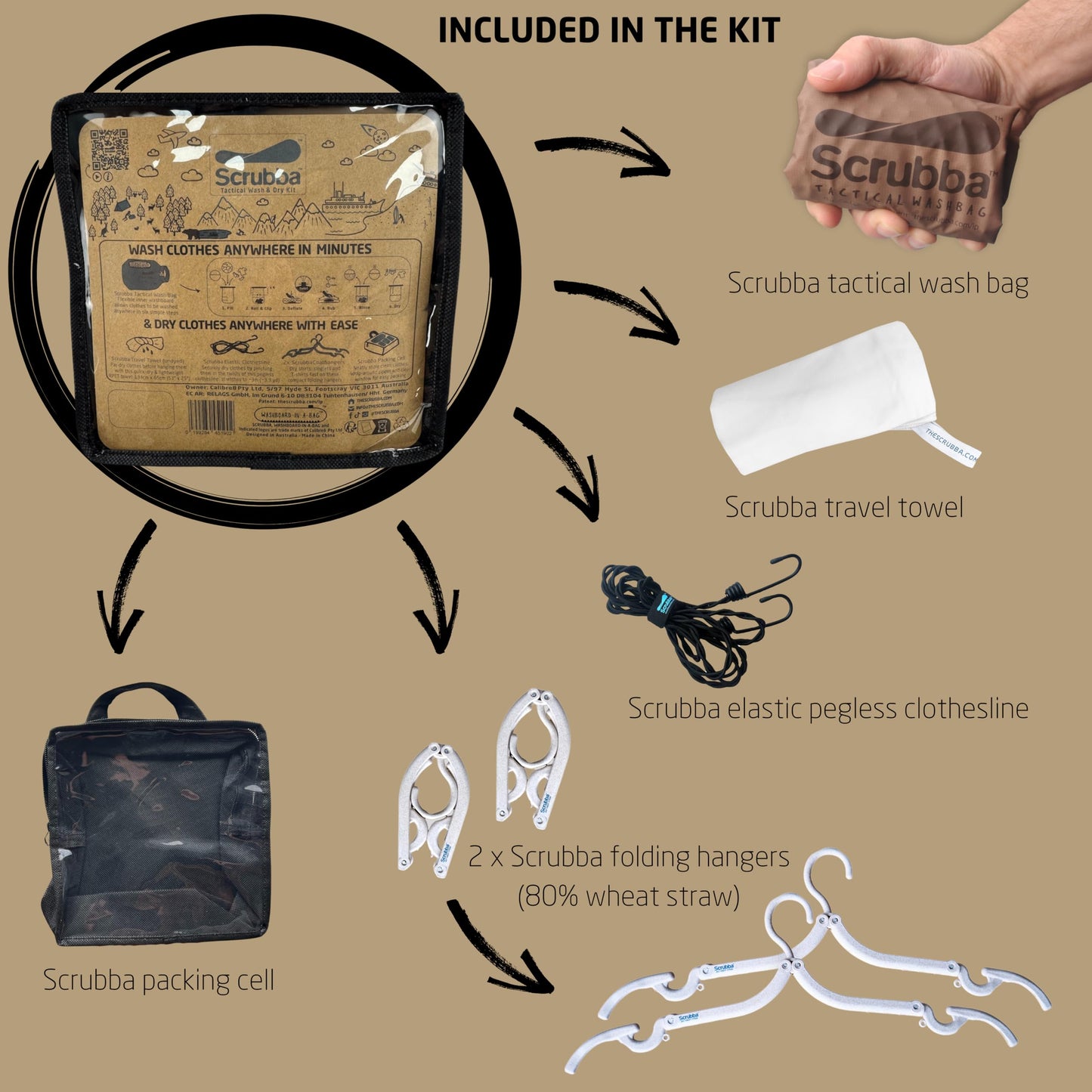Scrubba Tactical Wash Bag & Dry Kit - Portable Washing Machine System with XL Towel, Pegless Clothesline & Hangers - Lightweight Travel Essentials Laundry Kit for Camping, Hiking, RV, Hotels