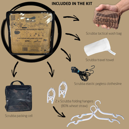 Scrubba Tactical Wash Bag & Dry Kit - Portable Washing Machine System with XL Towel, Pegless Clothesline & Hangers - Lightweight Travel Essentials Laundry Kit for Camping, Hiking, RV, Hotels