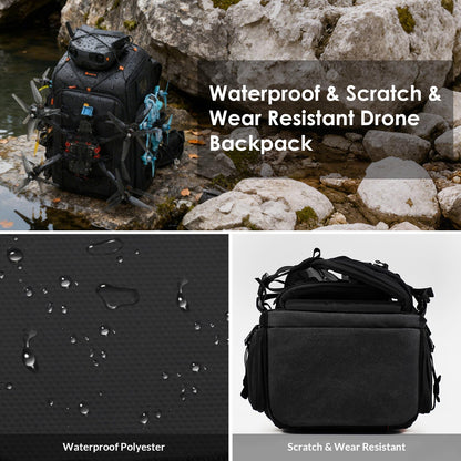 TARION FPV Drone Backpack 30L - Extra Large Camera Bag with 17in Laptop Compartment Waterproof Rain Cover - External Mounts for 7 Drones - FlightPro