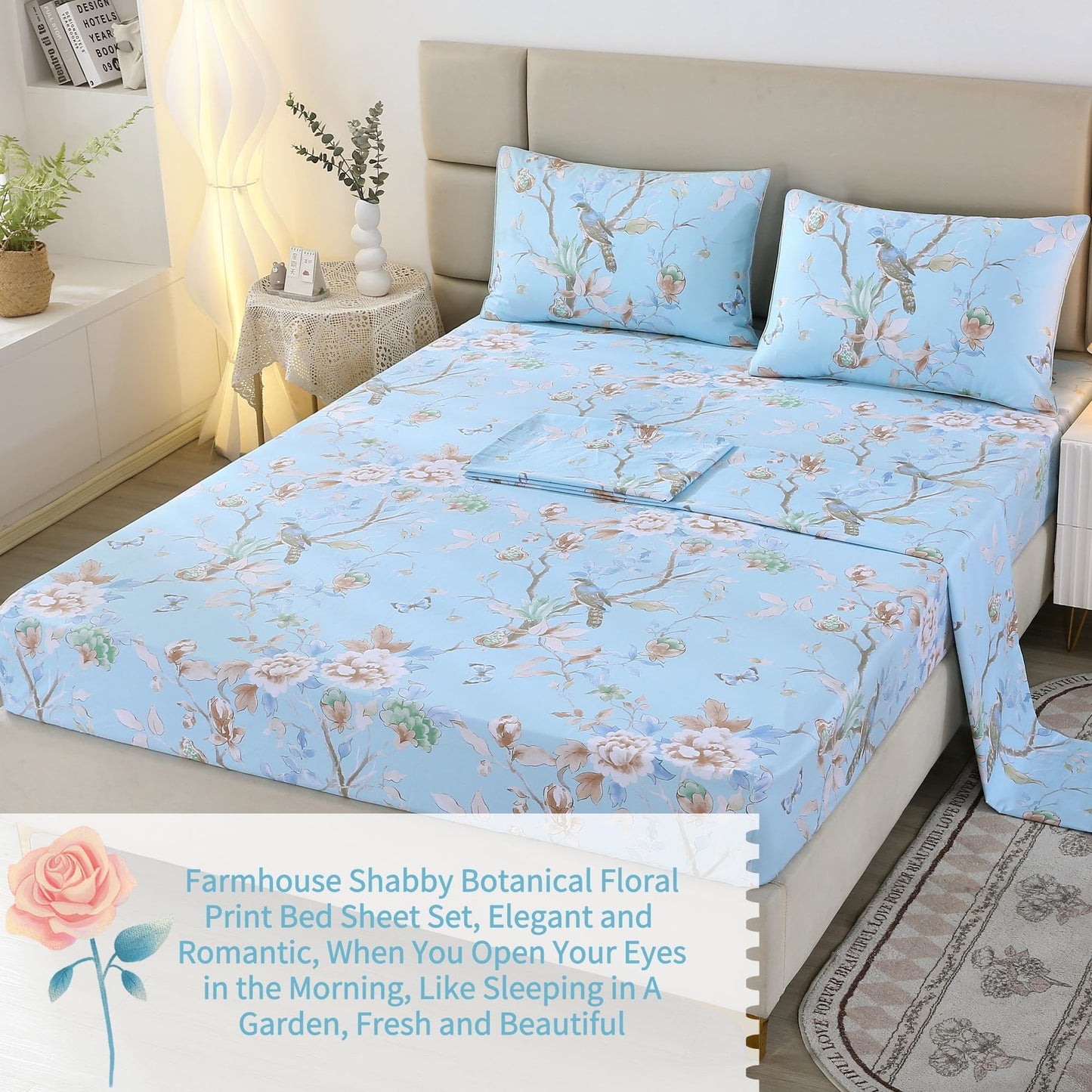 RYNGHIPY Egyptian Cotton Bed Sheet Set Blue Bird Botanical Pattern Bed Sheets Deep Pocket Fitted Sheet Tree Branches Print Bedding Soft Breathable (Light Blue,King Size)
