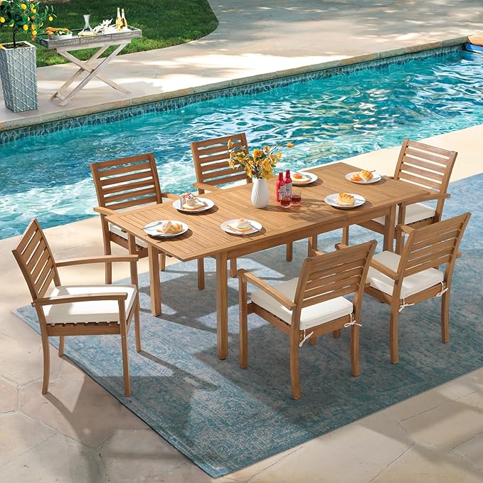OC Orange-Casual Stackable Patio Dining Chairs Set of 6, Outdoor Acacia Wooden Chairs w/Armrest & Removeable Fabric Cushion, for Porch, Backyard, Garden, Indoor, Beige