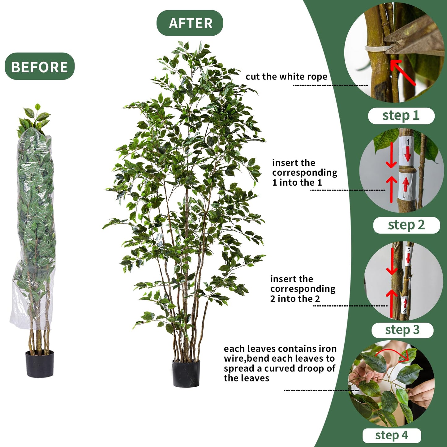 Bailikang Artificial Ficus Tree Indoor 4ft, Large Potted Faux Tree with Realistic Silk Leaves & Trunk for Home Office, Living Room Corner Decor