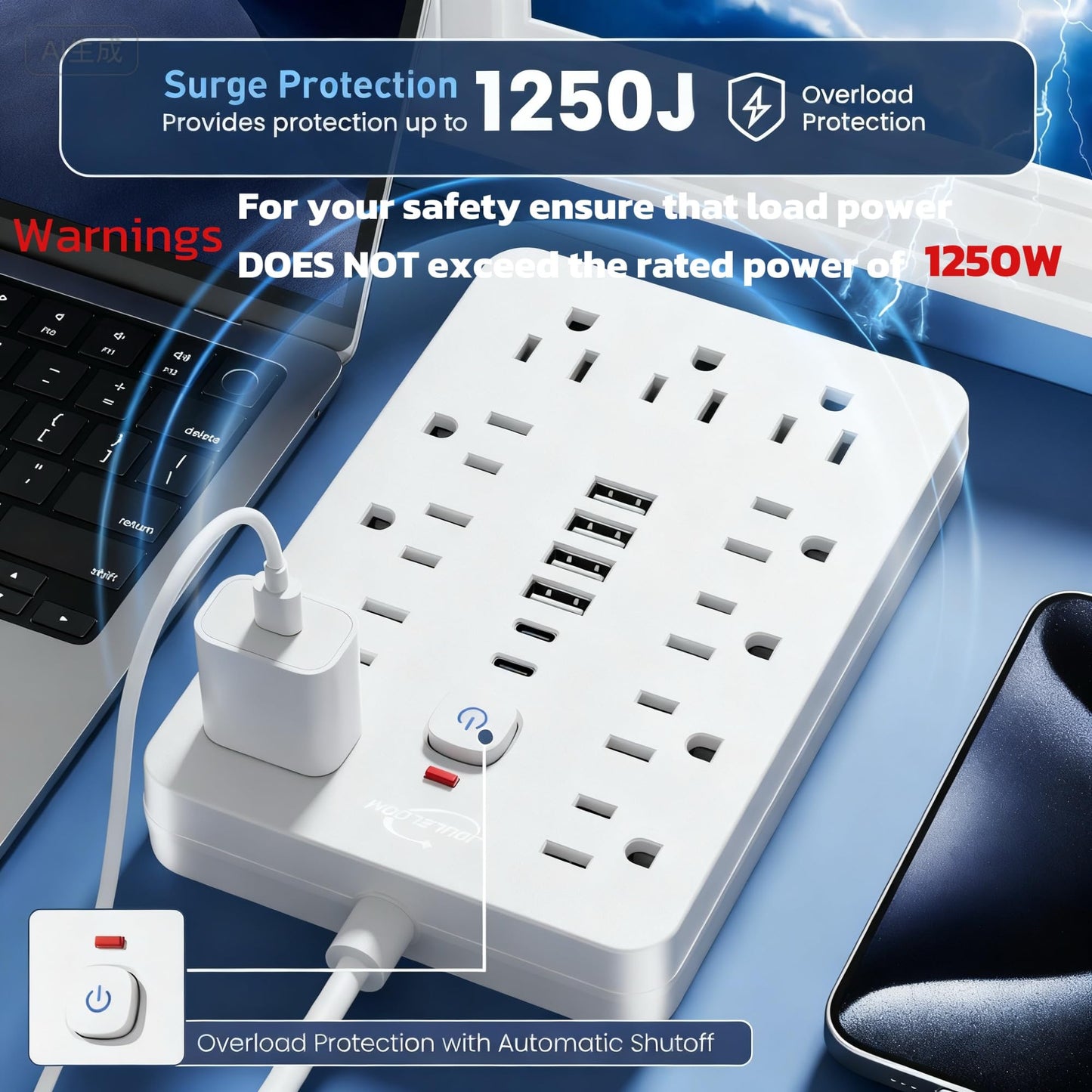 6 FT Flat Plug Surge Protector Power Strip,11 Multiple AC Outlets with 6 USB Ports (2 USB C), 6 Feet Extension Cord, 1250W/10A, One Touch Switch Button, 17 in 1 Compact powerstrip