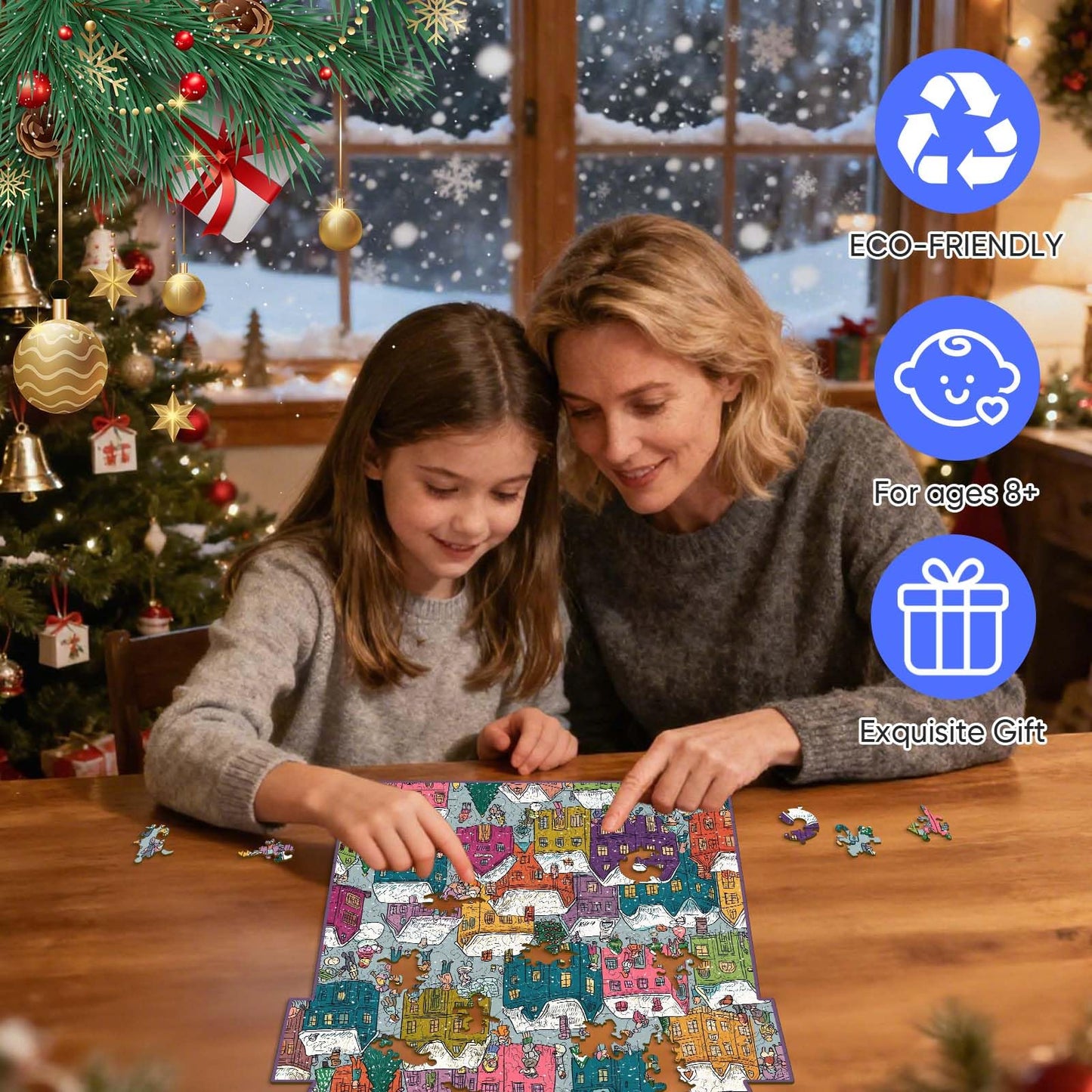 Mocfesk Winter Wooden Puzzles for Adults and Kids, 205 Pieces Holiday Snow Building Jigsaw Puzzles, Unique Shaped Christmas Wood Puzzles Gifts for Grandkids, Family Game Home Decor 9.4'' x 12.2''