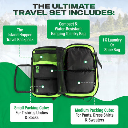 COR Surf Carry On Travel Backpack Bundle | Island Hopper Travel Backpack with Toiletry Bag and Compression Packing Cube Set (28L, Pink)
