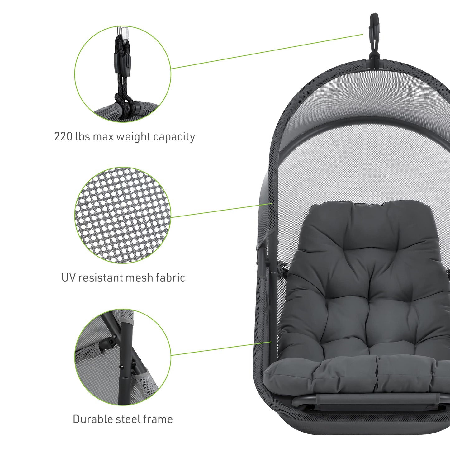 Greemotion Breeze Outdoor Foldable Mesh Fabric Hanging Chair Swing Hammock Egg Chairs UV Resistant with Base, 220 lbs Capacity for Patio Backyard, Balcony, Garden, Dark Gray