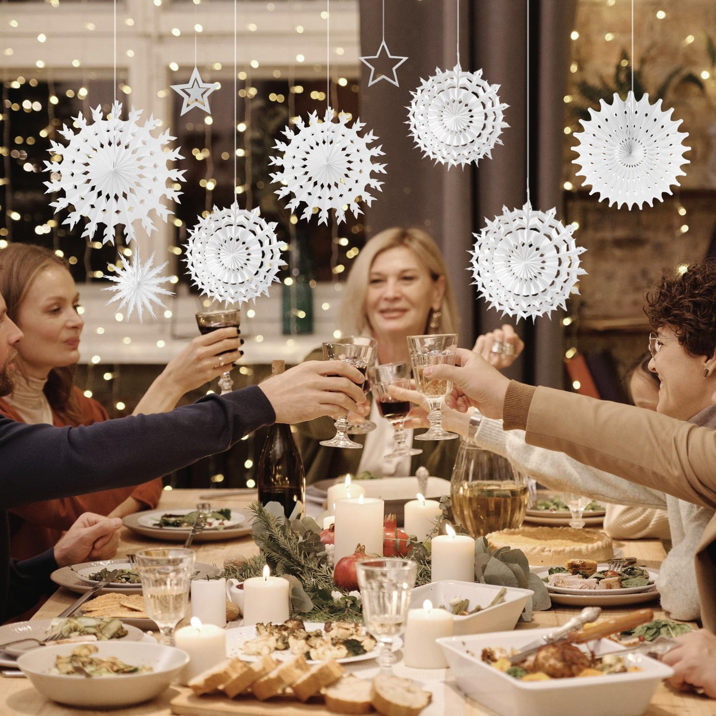 WNSIRVY 21 Pcs White Snowflake Decorations Christmas Paper Hanging Fans Decor Winter Wonderland Party Decorations with Frozen Snowflake Garland Star Hanging for Xmas Winter Wedding Birthday