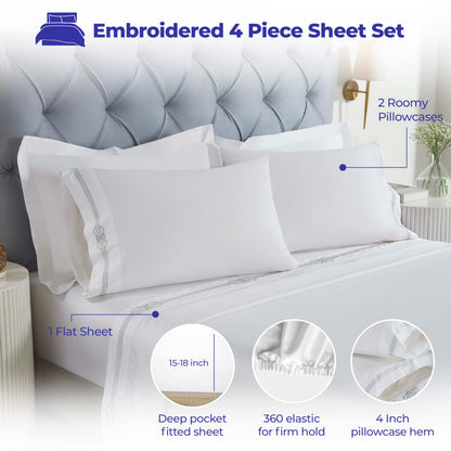 Superior Embroidered Cotton Bed Sheet Set, 1 Elastic Deep Pocket Fitted Sheet, 1 Flat Sheet, 2 Pillowcases, Daily Soft Sheets, Luxury, Elegant Design, Moonlawn Collection, Queen Size, White/Silver
