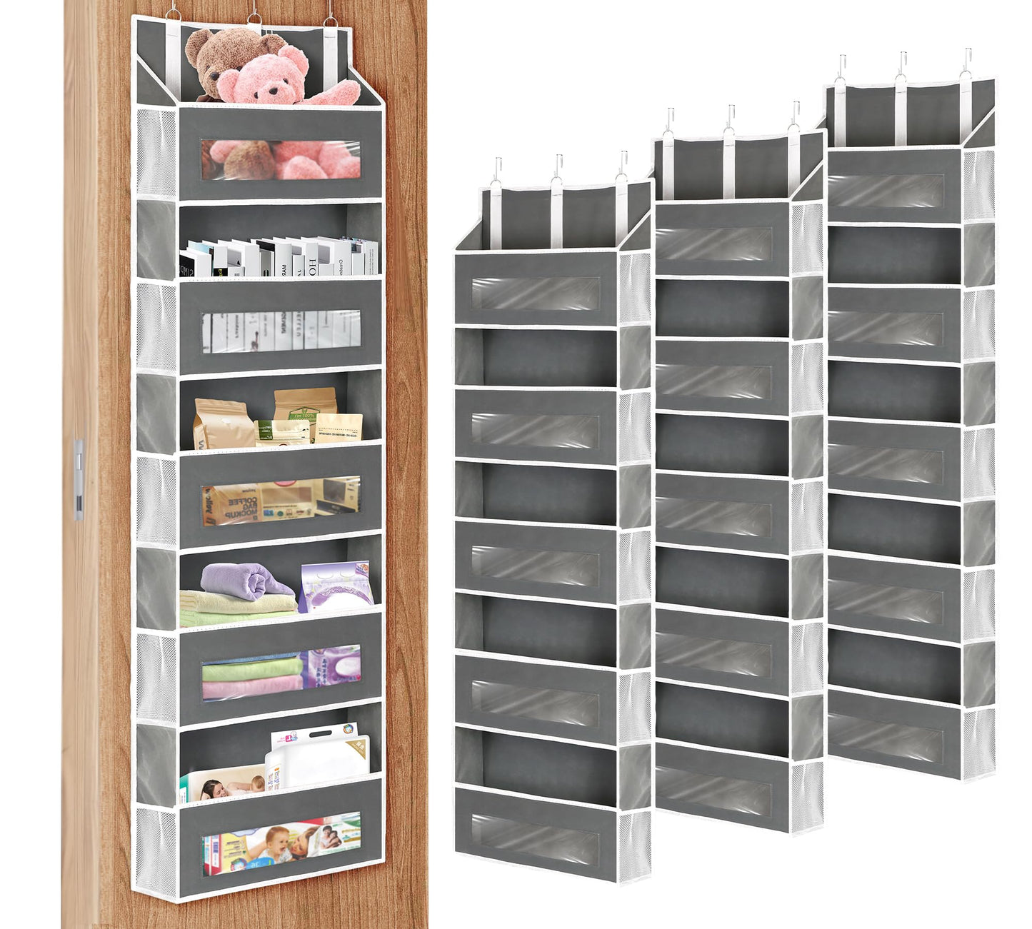 2 Packs 5-Tier Over The Door Organizer with 10 Side Mesh Pockets, 48 lbs Load Capacity, 3 Hooks Design, Hanging Organizer with Clear Windows for Bathroom, Bedroom, Nursery, Kitchen-Grey
